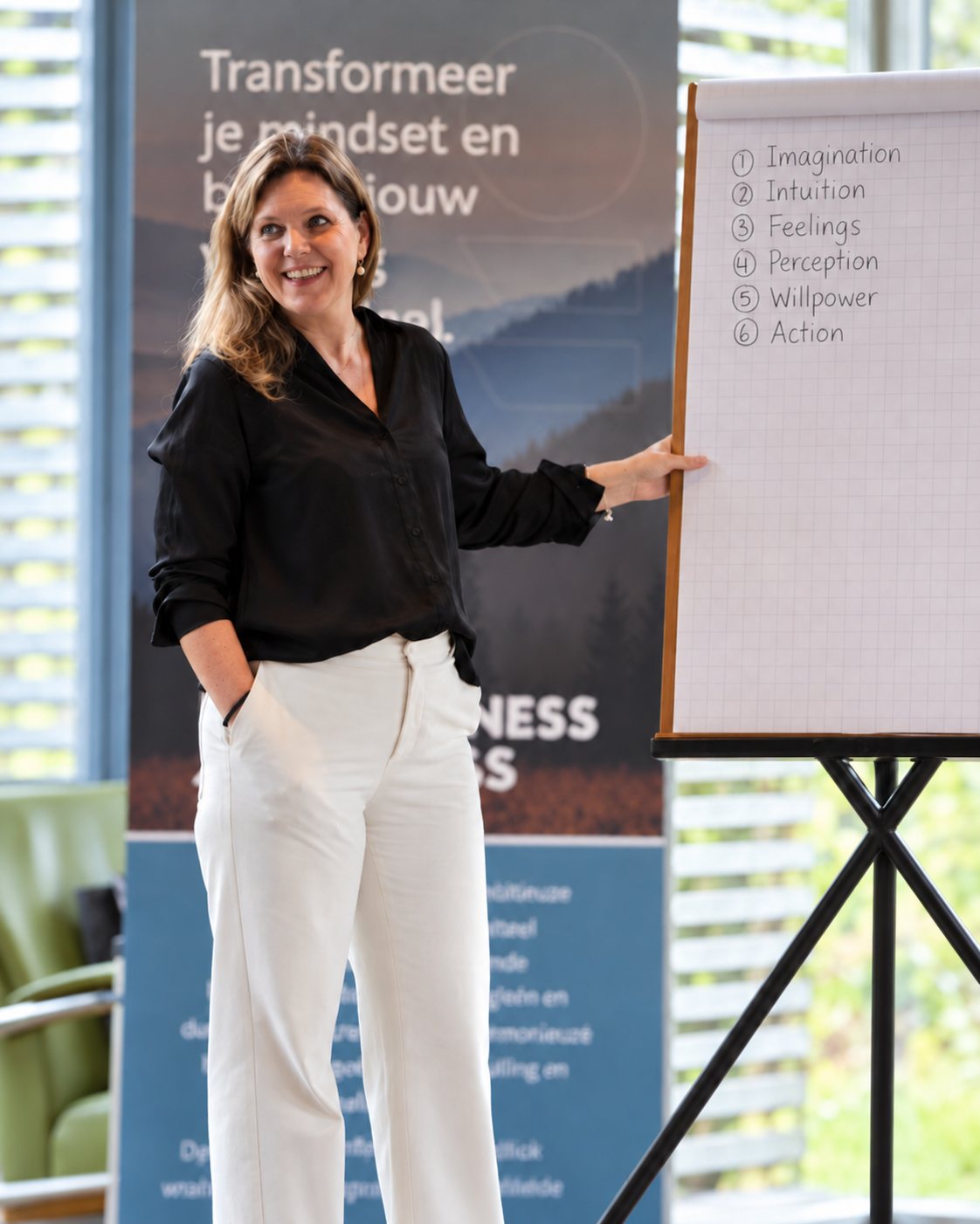 Elly Korving at a flipchart with English workshop notes